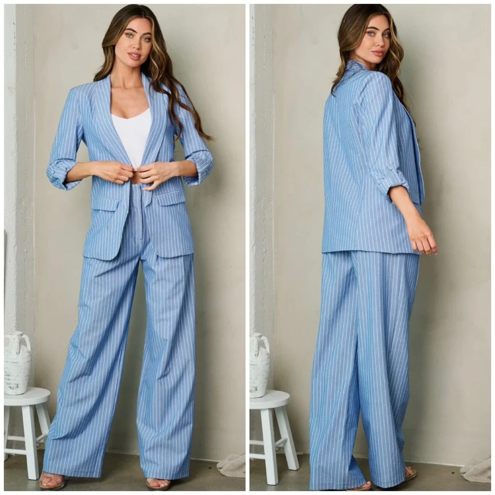 OVI Denim Blue Pinstripes 2-Piece Pants Set - Picture 2 of 5